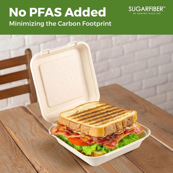 50 Pack 8x8 Compostable Clamshell Food Containers PFAS Free Bagasse Hinged Box - Picture 5 of 10